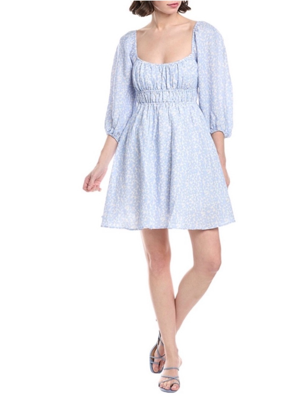 Hermoza Light Blue floral Puff Sleeve Smocked Mini Dress L 10 12 NWT lined